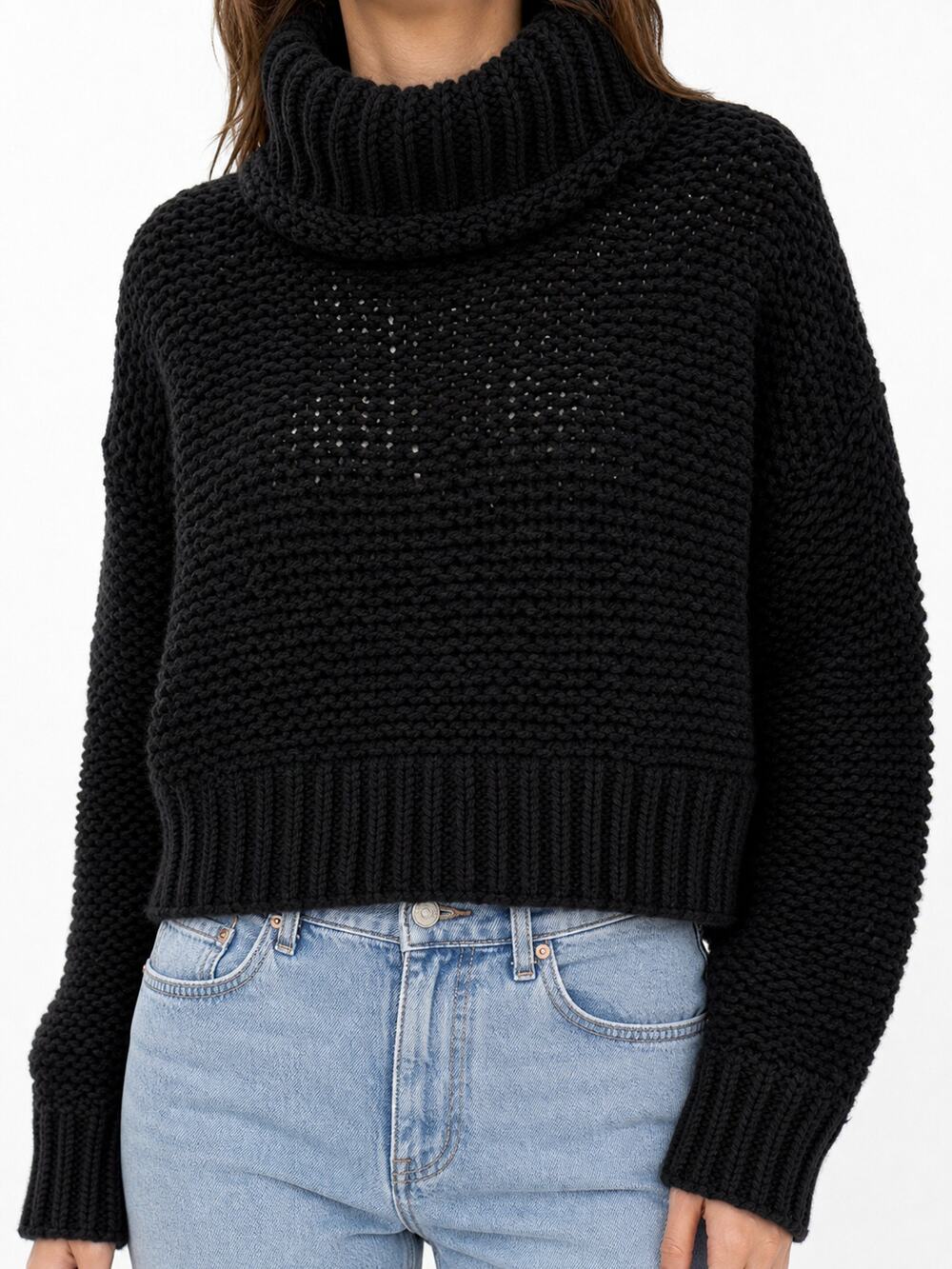 Free People Black Chunky Knit Cowl Neck Cropped Sweater M Boho Beach Casual